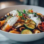 Pasta mit Aubergine und Zucchini auf modernem Teller mit Basilikum und Tomaten