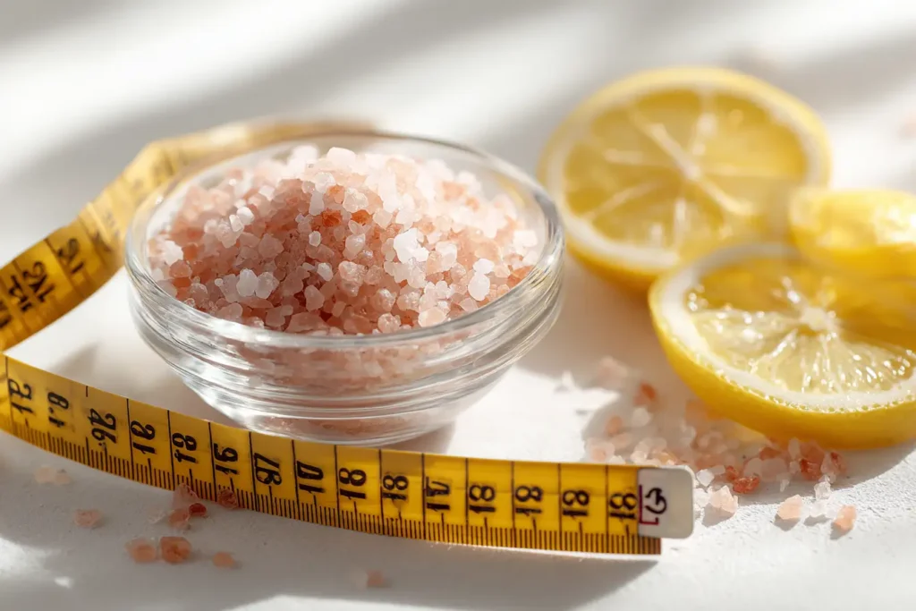 Rosa Salz zum Abnehmen mit Zitrone und Maßband