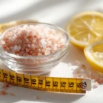 Rosa Salz zum Abnehmen mit Zitrone und Maßband