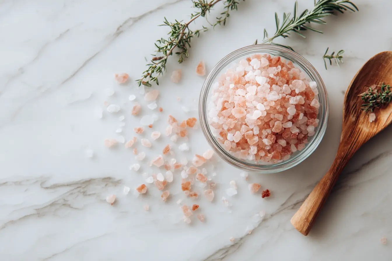 Feines rosa Salz in einer Glasschale auf Marmor mit Kräutern