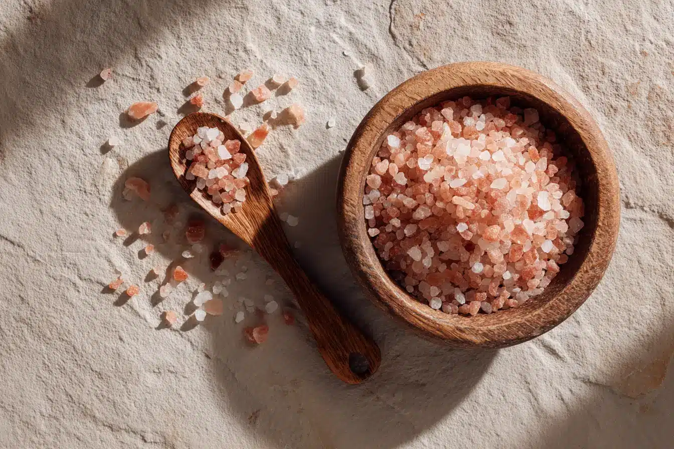 Rosa Salz in Holzschale auf Steinplatte – stilvolles Flatlay