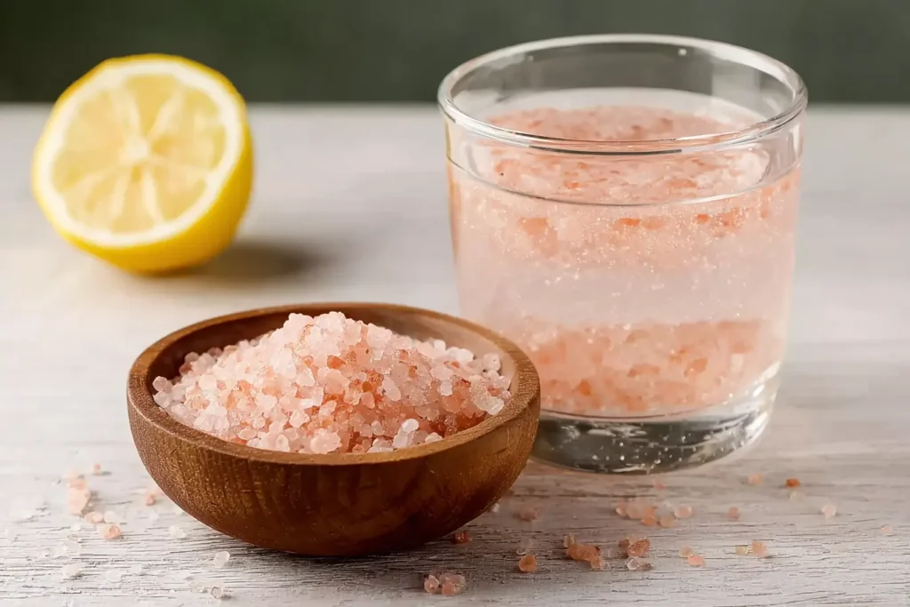 Glas mit rosa Salzlösung, daneben Zitrone und Holzschale mit rosa Salz
