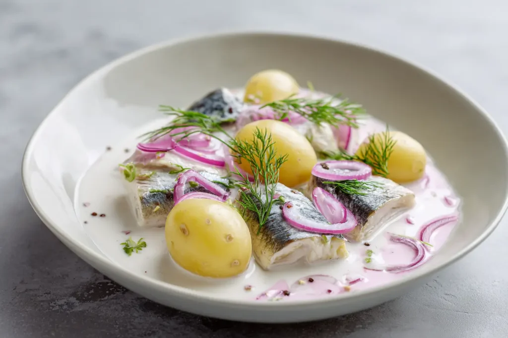 Sahnehering mit Kartoffeln, Apfel und Zwiebeln modern serviert