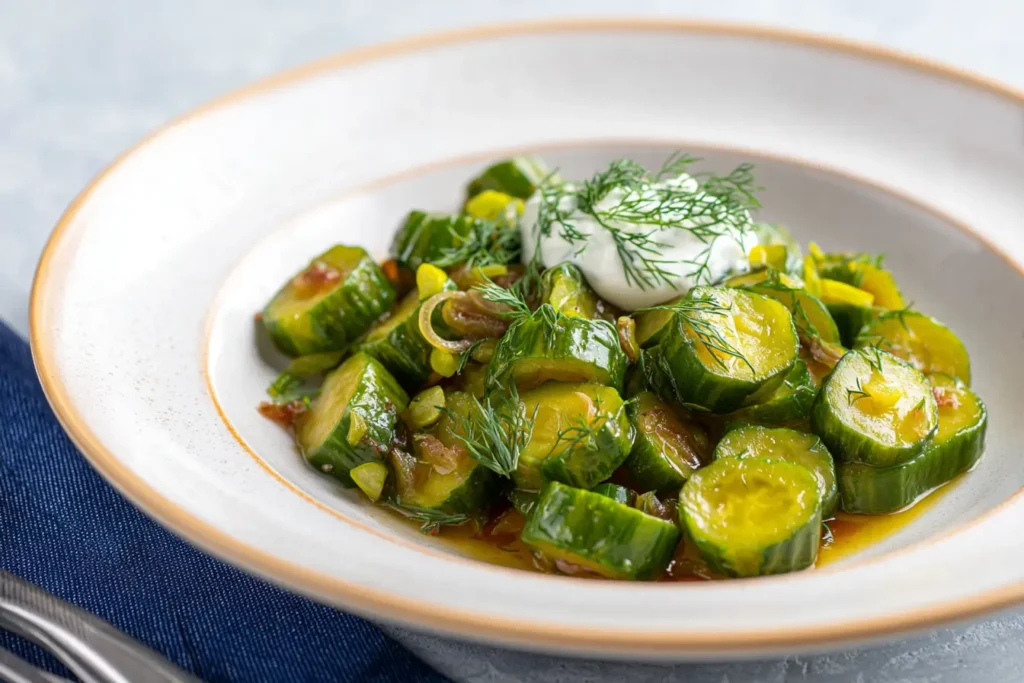 Vegetarische Schmorgurken mit Zucchini und Dillsauce in moderner Präsentation