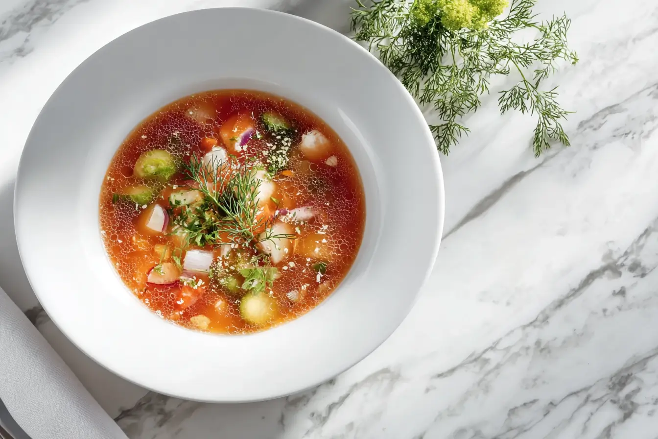 Minimalistisch angerichtete Soljanka in weißem Teller vor hellem Hintergrund