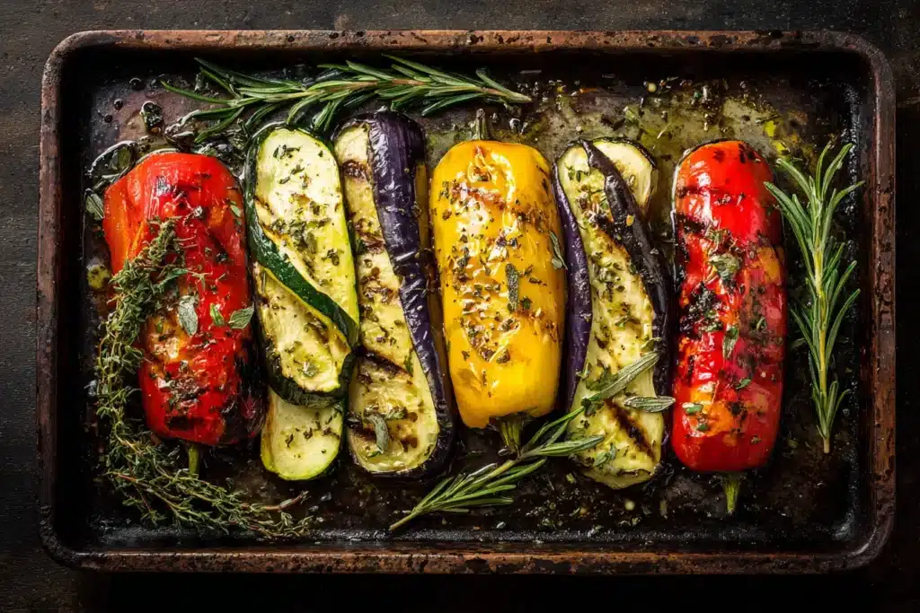 Zucchini Aubergine Paprika im Backofen auf einem rustikalen Blech