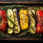 Zucchini Aubergine Paprika im Backofen auf einem rustikalen Blech