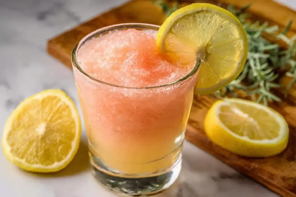 A glass of refreshing pink detox water with lemon and pink Himalayan salt, garnished with a lemon slice and surrounded by fresh lemon slices.