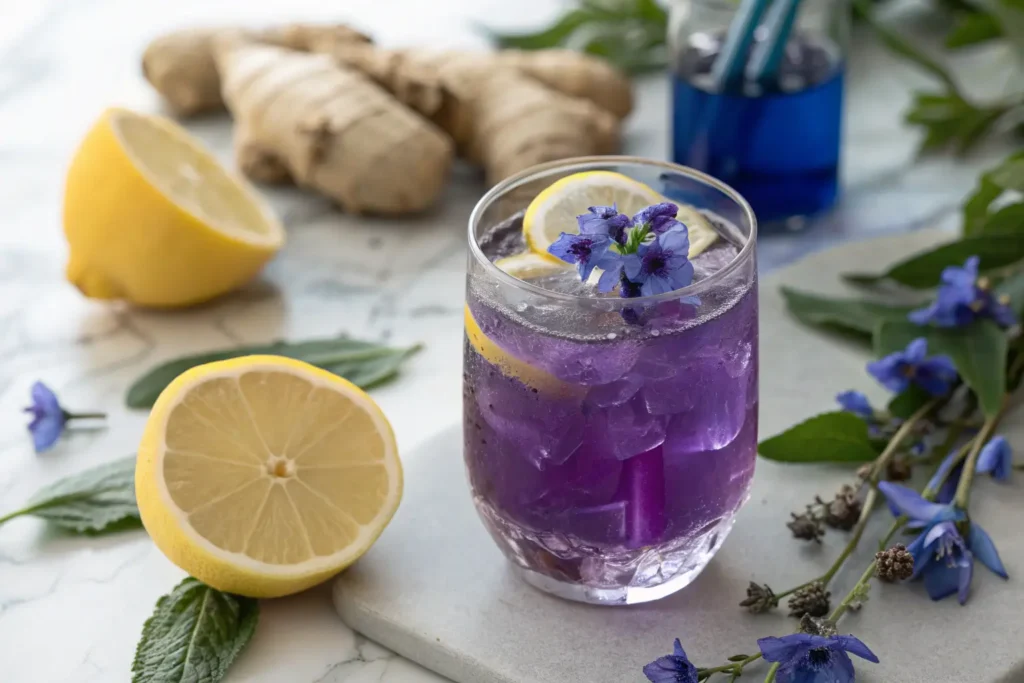 Blue Mounjaro Getränk mit Zitrone, essbaren Blüten und natürlichen Zutaten