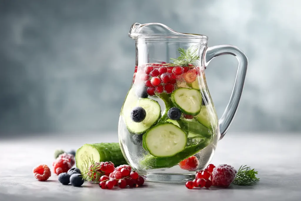 Detox-Wasser mit Gurke, Beeren und Minze in Glas-Karaffe