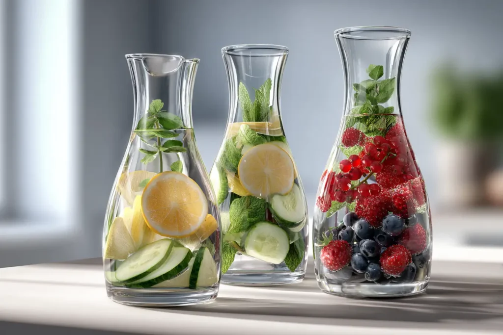Detox Wasser Rezept mit Zitrone, Beeren und Gurke in Glas-Karaffen