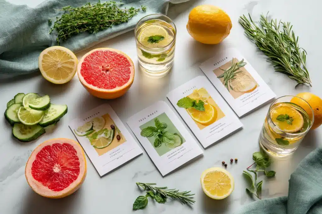 Ausgedruckte Detox Wasser Rezepte mit Früchten dekoriert auf weißem Tisch