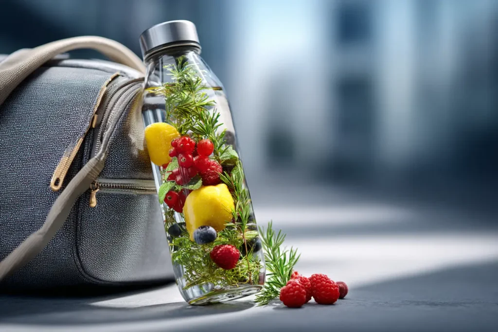 Detox Wasser in moderner Glasflasche für unterwegs, im Sportkontext