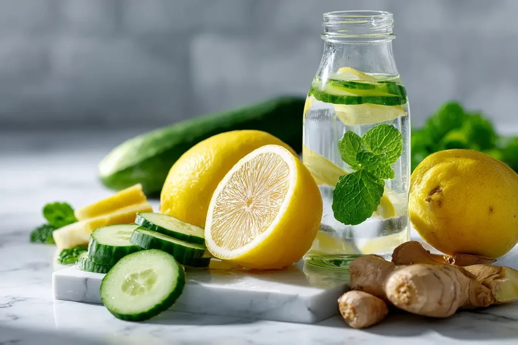Zutaten für Detox Wasser: Zitrone, Gurke, Ingwer und Minze auf weißem Untergrund