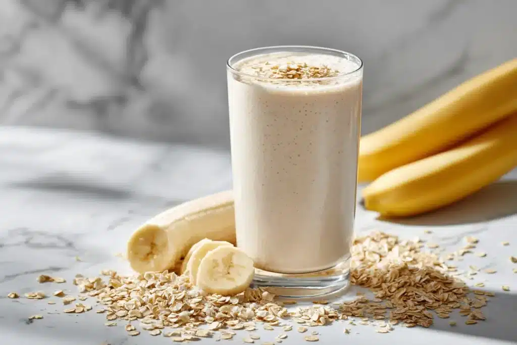 Frühstücks-Shake mit Haferflocken und Banane in modernem Glas