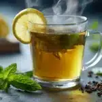 Heißer grüner Tee mit frischer Zitrone in einer Glas-Tasse auf Holztisch