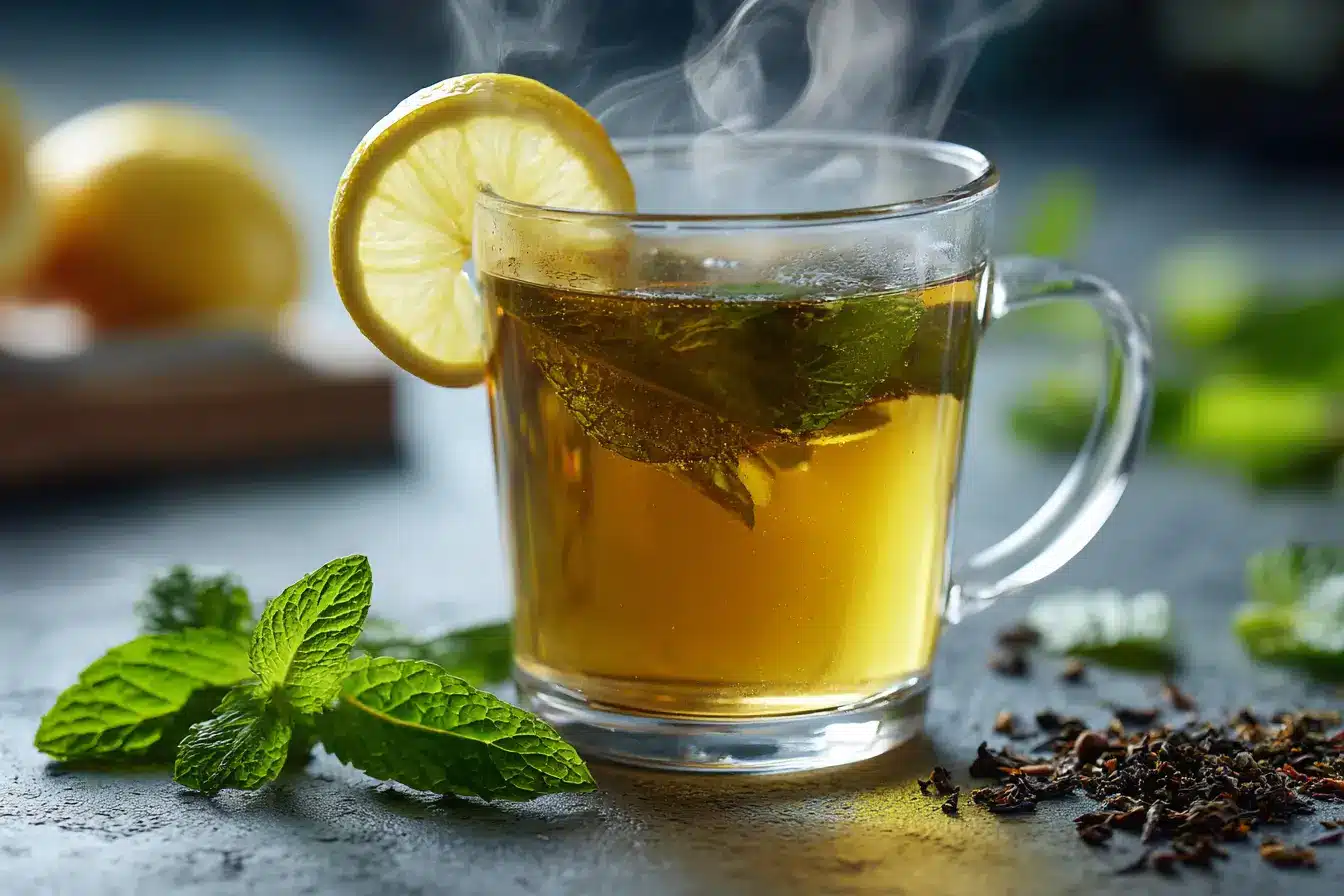 Heißer grüner Tee mit frischer Zitrone in einer Glas-Tasse auf Holztisch