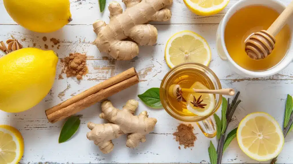 Frische Ingwerwurzel, Zimtstangen, Zitrone und Tee – natürliches Ingwer-Zimt-Rezept zum Abnehmen und Anregen des Stoffwechsels.