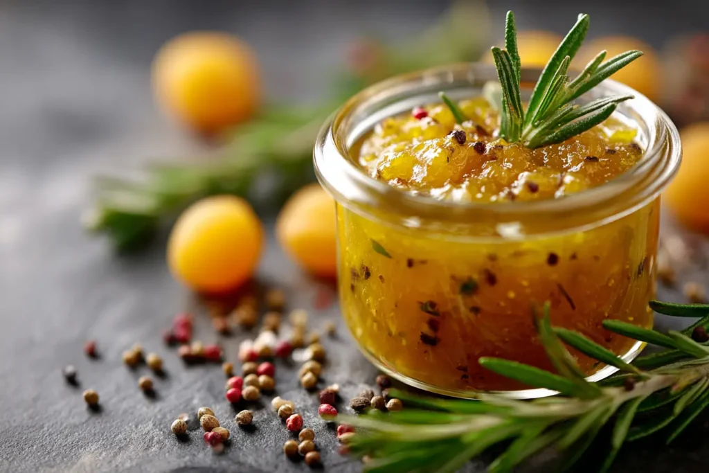 Nahaufnahme eines Glases mit Mirabellen Chutney und Gewürzen