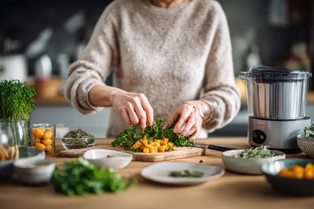 Frau bereitet Mirabellen Chutney mit Thermomix in moderner Küche zu