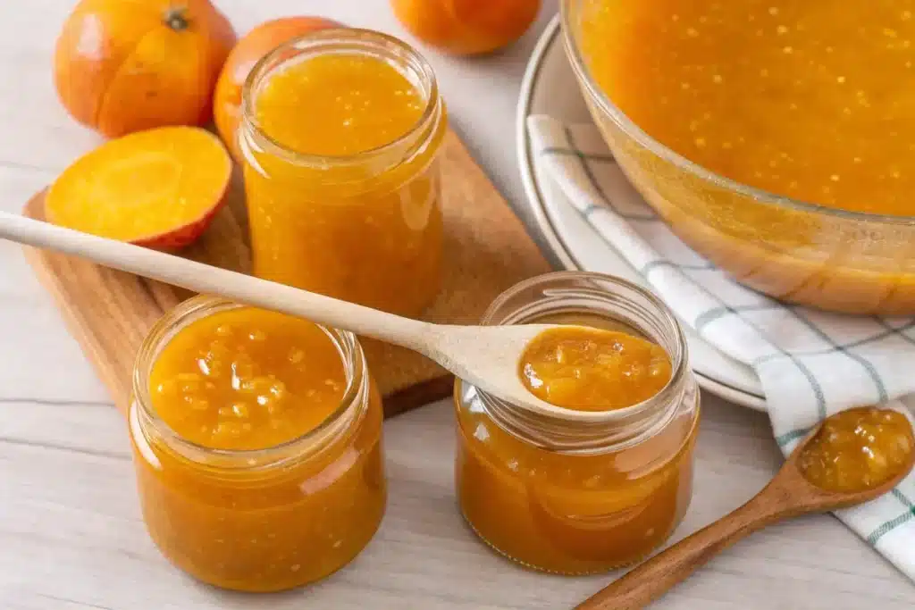 Verschiedene Mirabellen Marmelade Variationen in Gläsern auf Holztisch