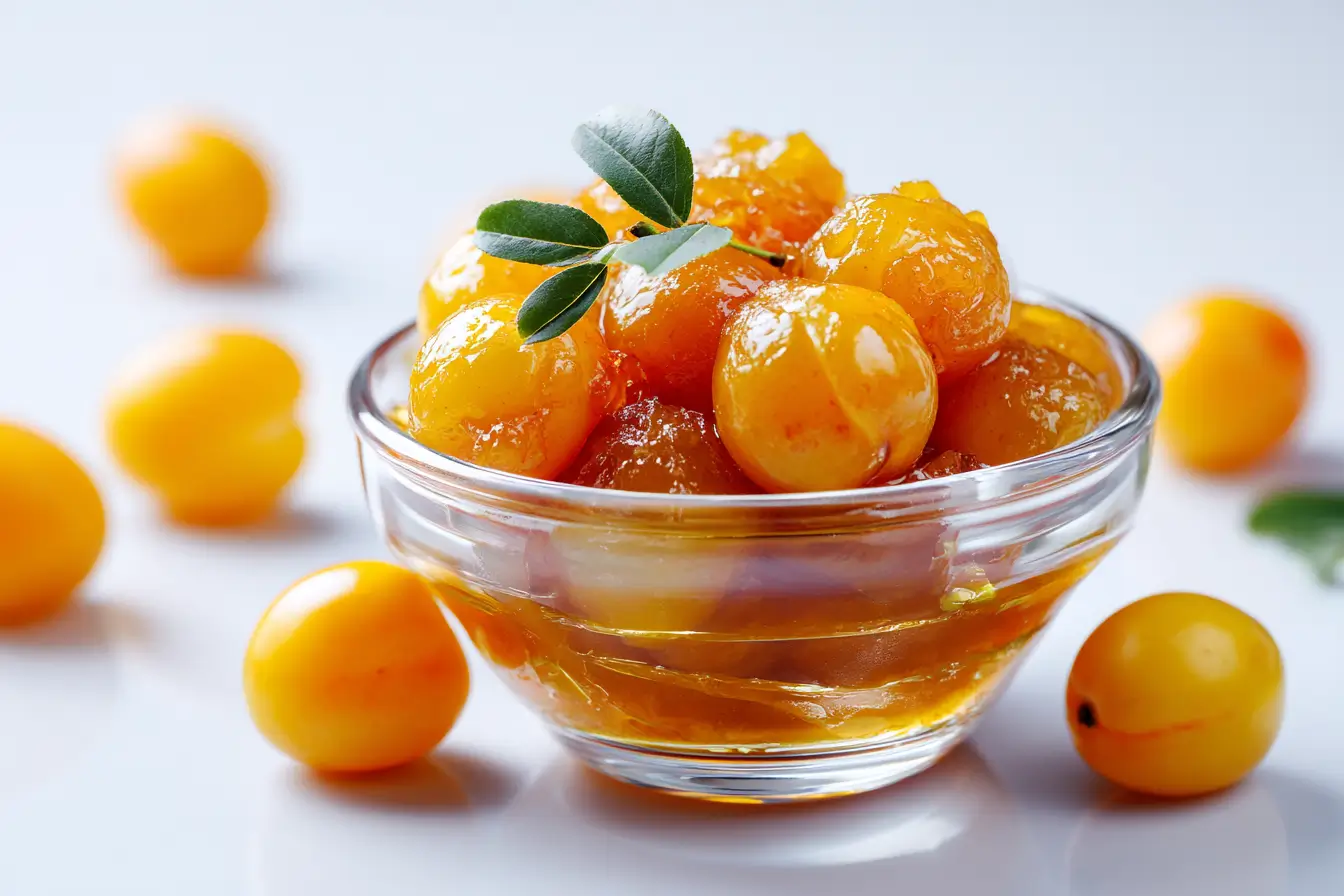 Mirabellenkompott im Glas – Foodfoto mit gelben Pflaumenkompott, helle Studioaufnahme