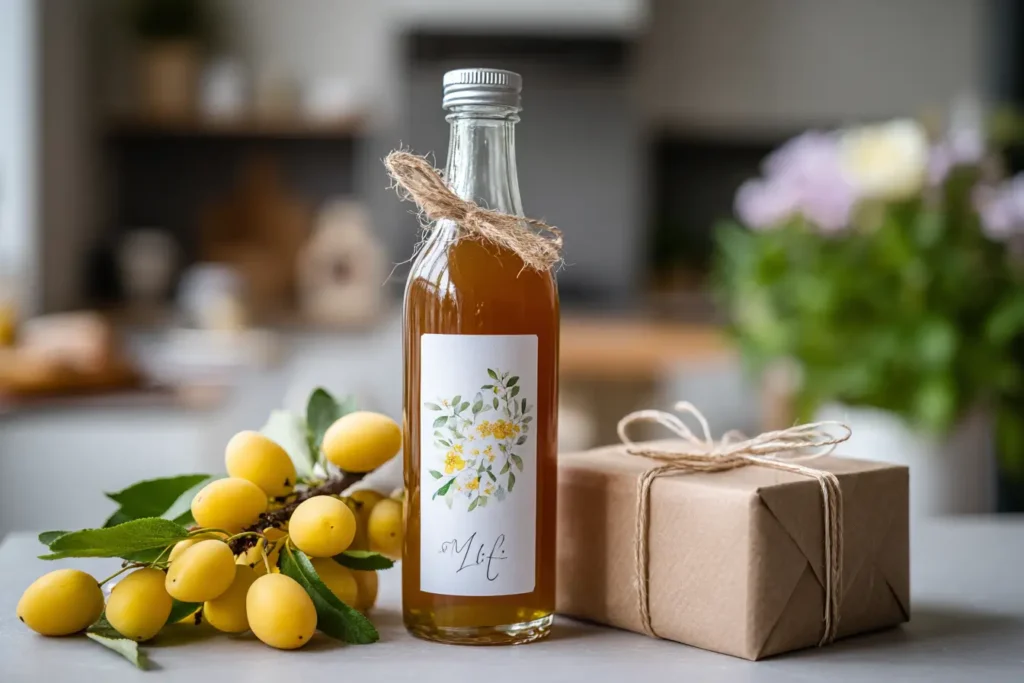 Geschenkflasche mit Mirabellenlikör, dekoriert mit Etikett und Kordel