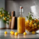 Mirabellenlikör auf Holzarbeitsfläche in moderner Küche