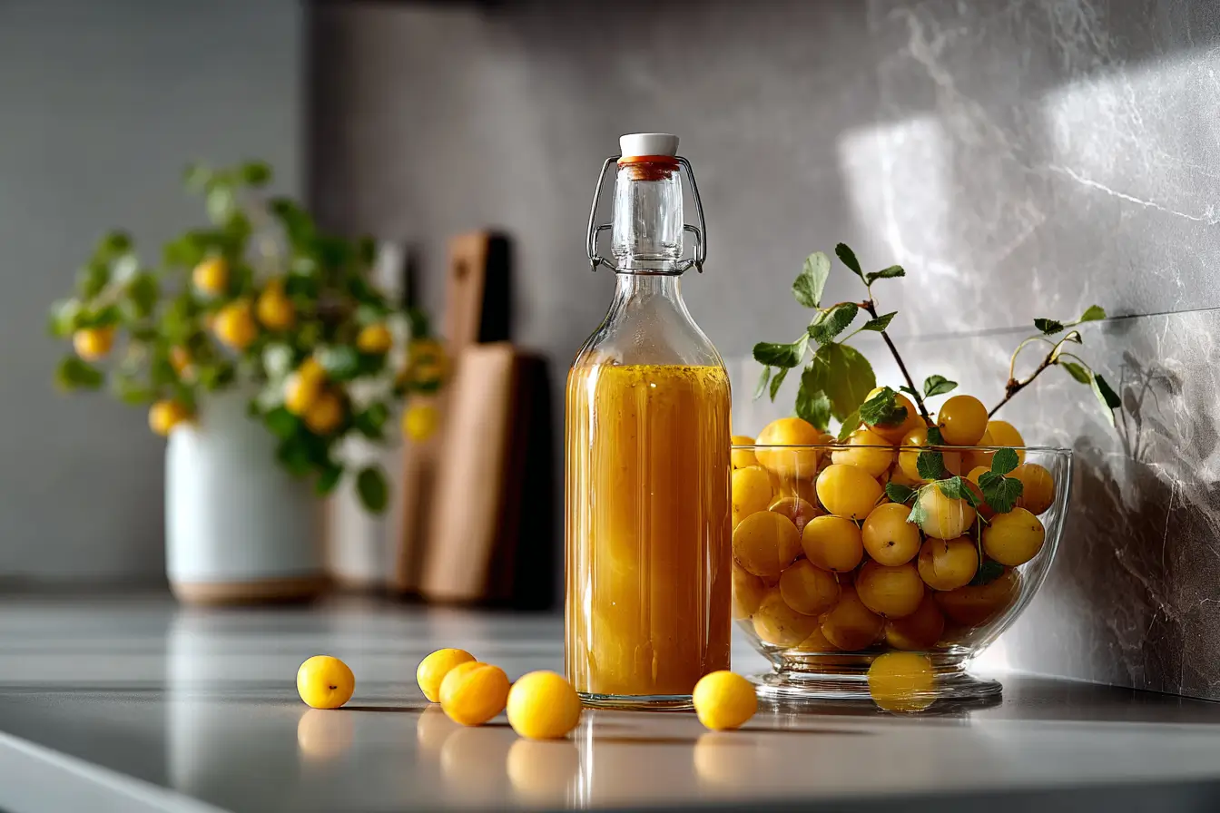 Mirabellenlikör auf Holzarbeitsfläche in moderner Küche