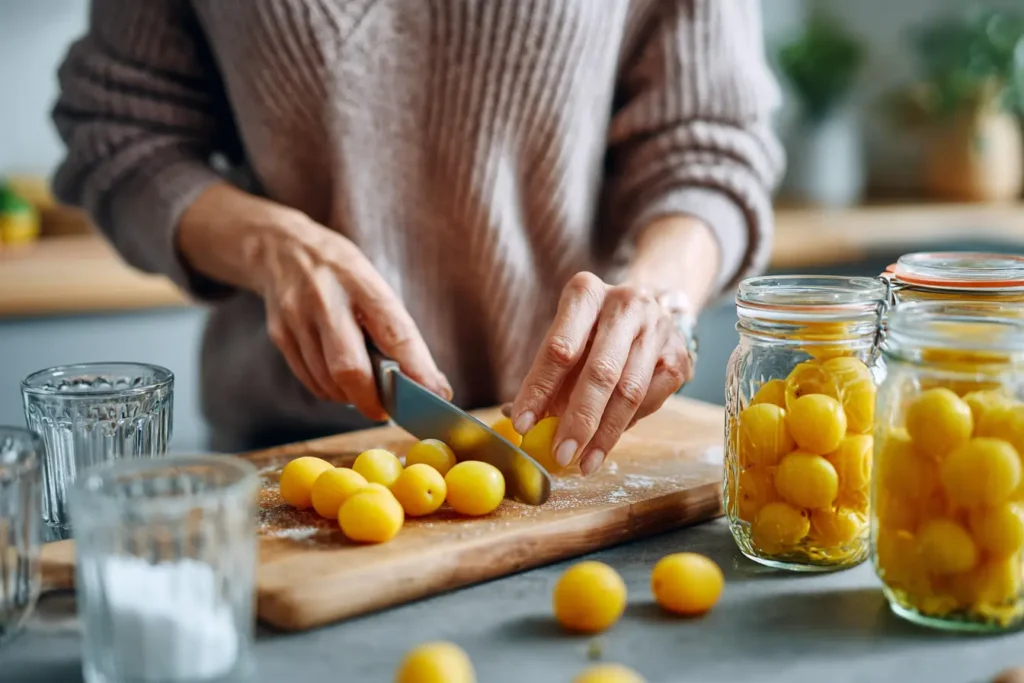 Zubereitung von Mirabellenlikör mit frischen Früchten und Zutaten