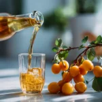 Selbstgemachter Mirabellensirup wird in einer modernen Küche in Glasflaschen abgefüllt.
