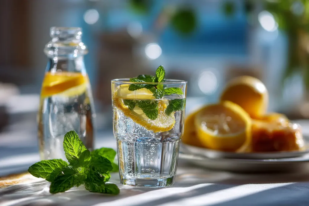 Glas mit gekühltem Mineralwasser und Mirabellensirup, garniert mit Minze und Zitrone.