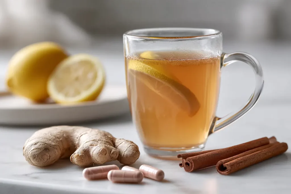 Heißes Getränk mit Mounjaro, Ingwer und Zimt im Glas