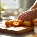 Omas Mirabellenkompott im Einmachglas auf Holztisch