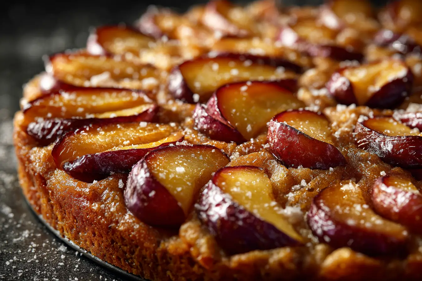 Ein Stück Pflaumenkuchen vom Blech mit Streuseln und Kaffee