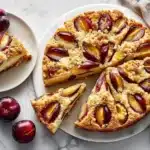 Pflaumenkuchen mit Hefeteig in Springform, frisch gebacken