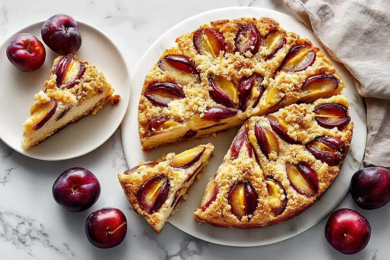 Pflaumenkuchen mit Hefeteig in Springform, frisch gebacken