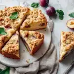 Detailaufnahme von Pflaumenkuchen mit knusprigen Streuseln und saftigen Früchten
