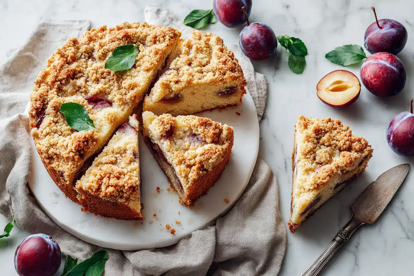 Detailaufnahme von Pflaumenkuchen mit knusprigen Streuseln und saftigen Früchten