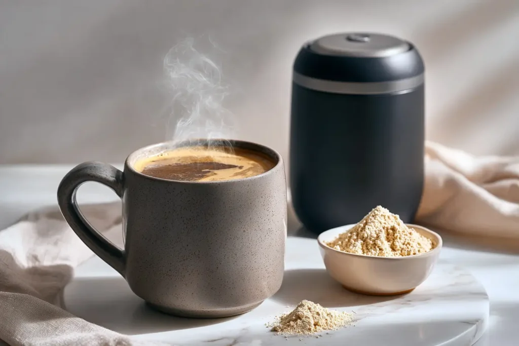 Warmer Proffee Drink mit aufsteigendem Dampf in moderner Tasse