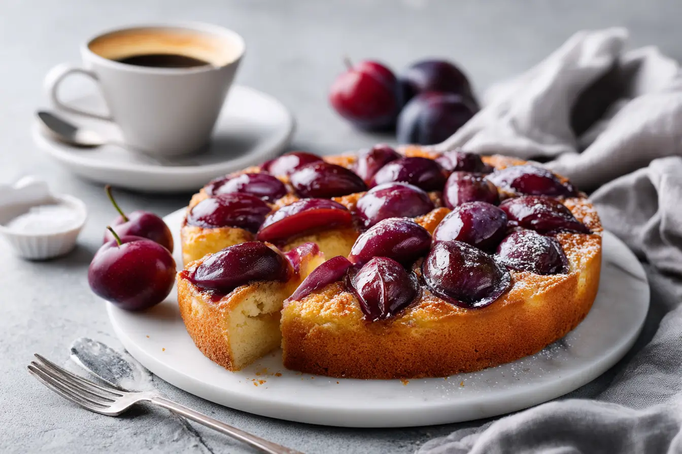 Schneller Pflaumenkuchen frisch gebacken mit saftigen Pflaumen