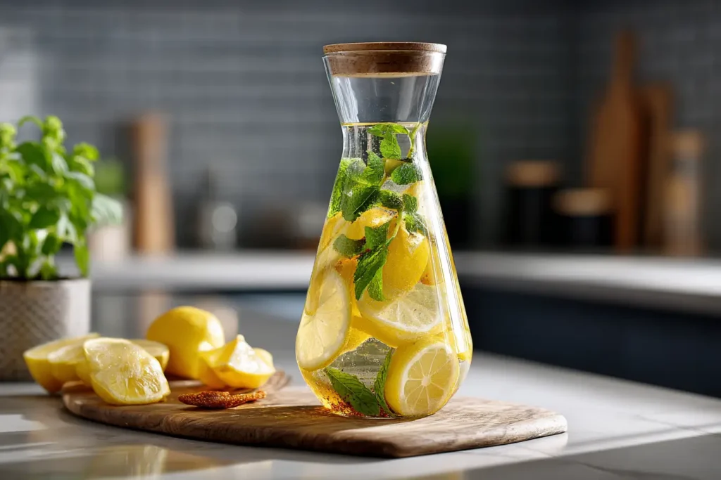 Zitronen-Cayenne-Detox-Drink in moderner Glas-Karaffe