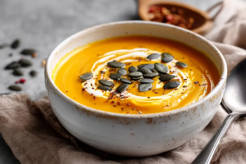 Cremige Butternut Kürbissuppe in weißer Schale, garniert mit Kürbiskernen und Kokosmilch