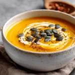 Cremige Butternut Kürbissuppe in weißer Schale, garniert mit Kürbiskernen und Kokosmilch