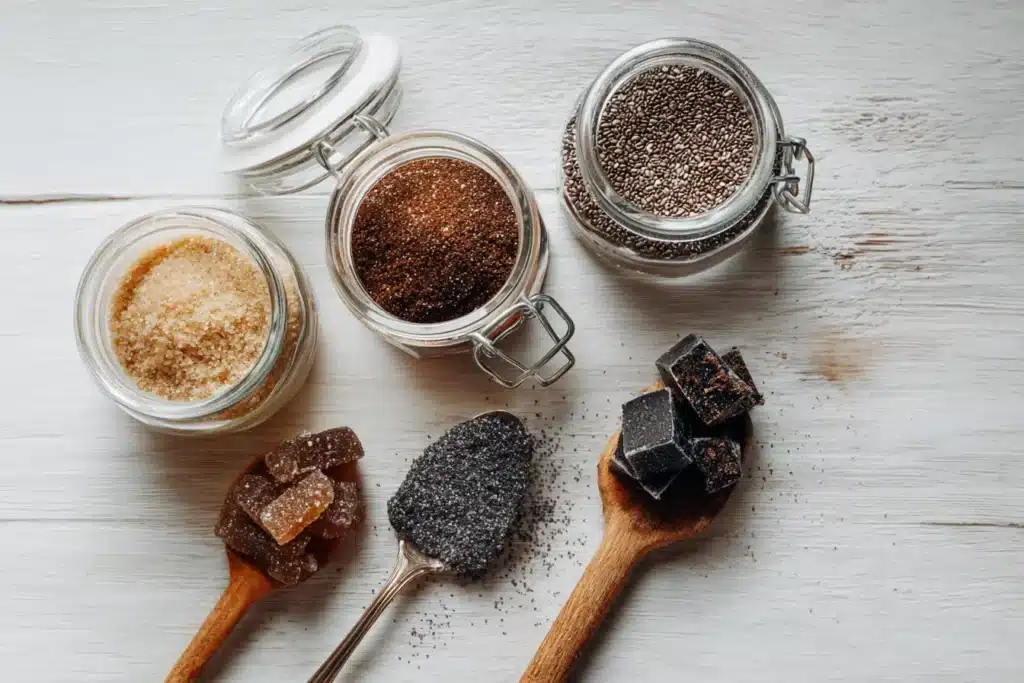 Vegane Gelatine Alternativen wie Agar-Agar, Pektin und Chiasamen auf Holztisch