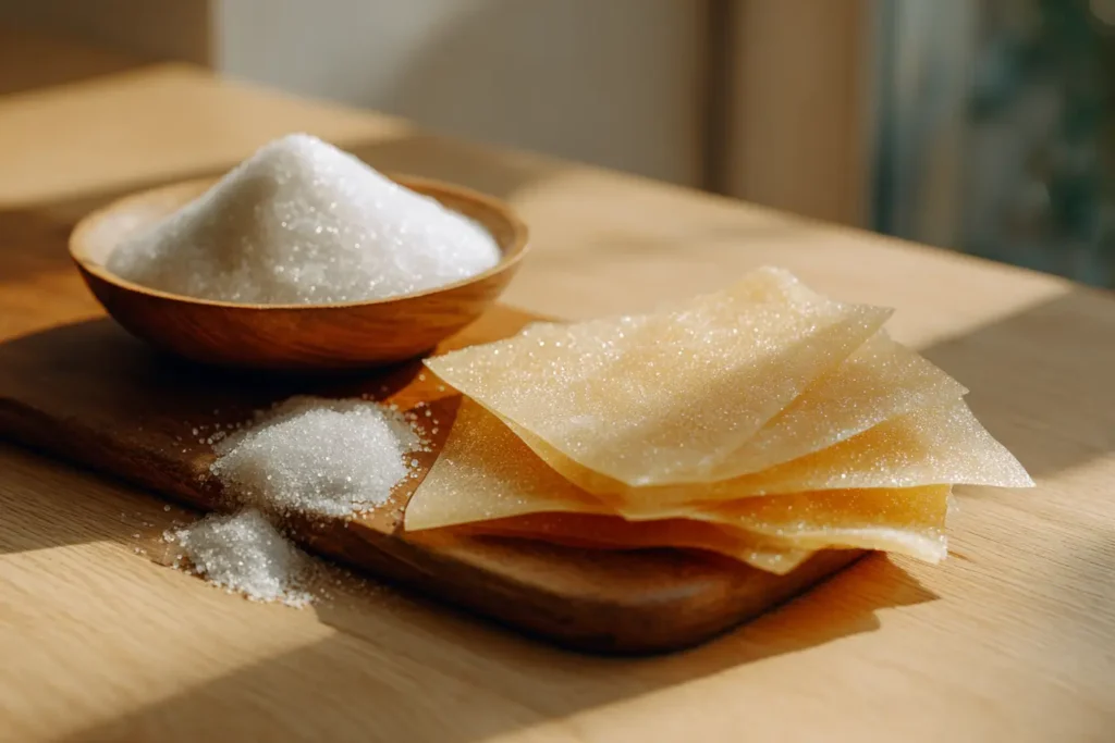 Gelatine Pulver und Blattgelatine auf Holztisch – modern inszeniert