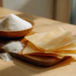 Gelatine Pulver und Blattgelatine auf Holztisch – modern inszeniert