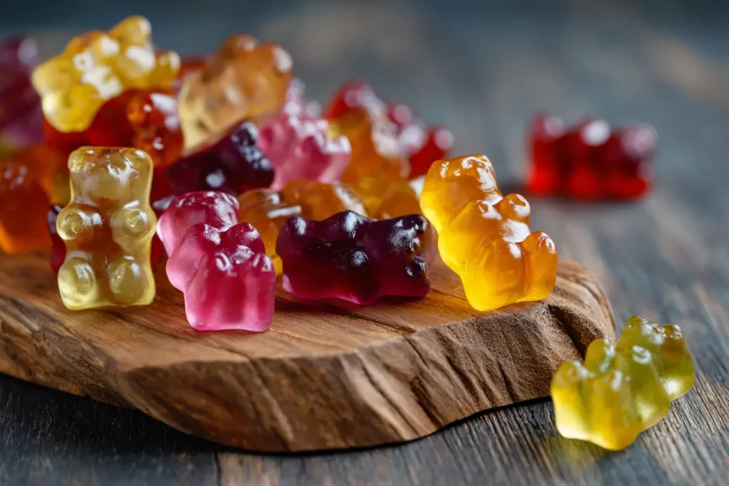 Hausgemachte Gummibärchen mit Gelatine auf Holzplatte