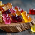 Hausgemachte Gummibärchen mit Gelatine auf Holzplatte