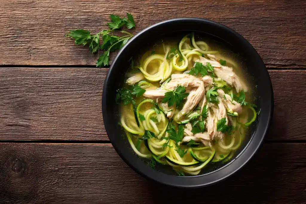 Moderne Hühnersuppe mit Zucchini-Nudeln und Kräutern